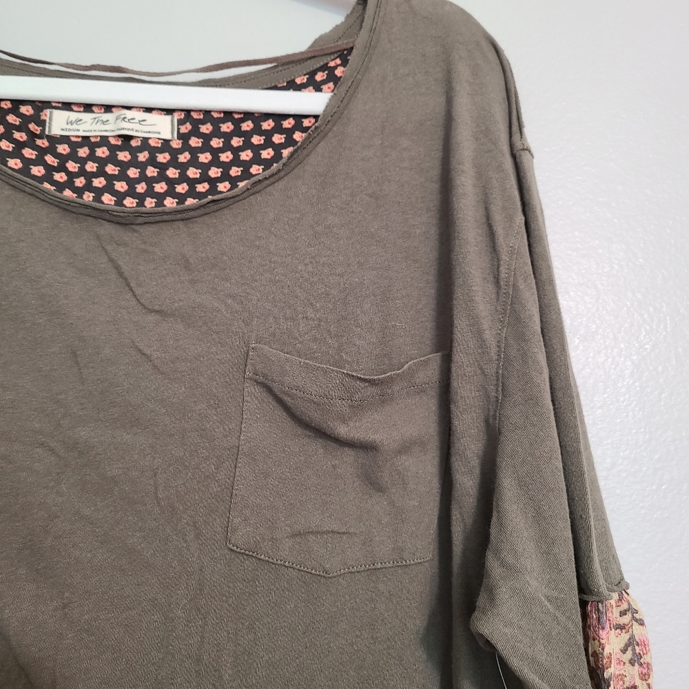 Free People Army Green Paisley Priny Mixed Media Long Sleeve Shirt Medium - Picture 3 of 10